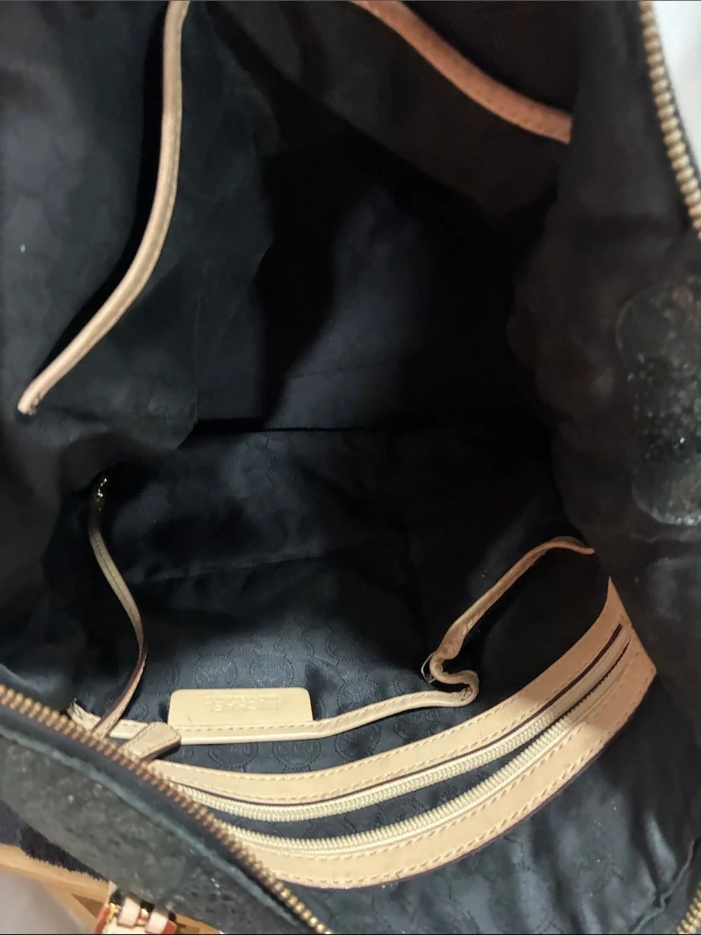 Michael Kors Black Snake-Embossed Shoulder Tote with Beige Straps